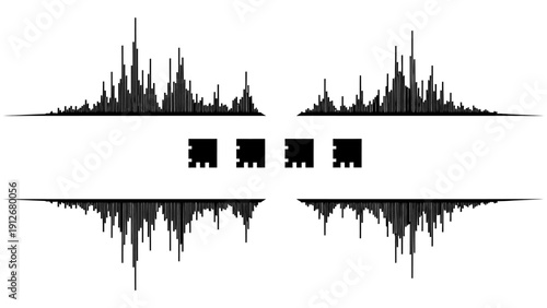 abstract sound wave visualization displaying symmetrical frequency spectrum data with pixelated elements for modern technology and audio analysis.