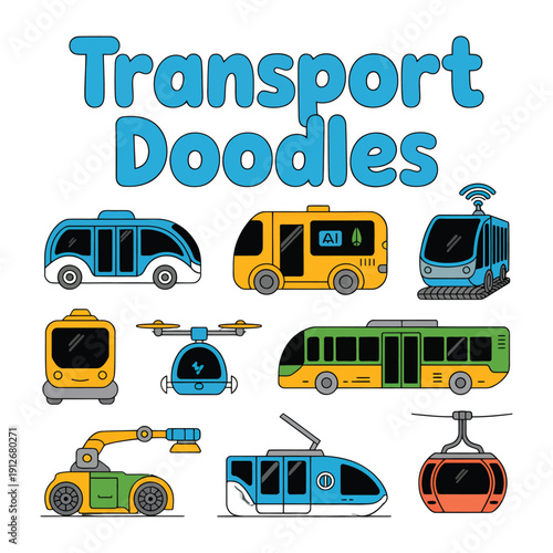 Transport Doodles: A delightful assortment of transport doodles showcasing a variety of vehicles in a whimsical and engaging style,perfect for educational or creative projects.