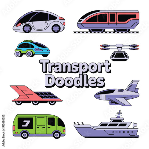 Transport Doodle Designs: A vibrant collection of transport doodles showcasing a variety of futuristic vehicles, from sleek cars to high-speed trains, promising a glimpse into tomorrow's travel. 