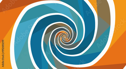 A vibrant spiral design with layered geometric shapes in shades of blue and orange, viewed from a direct perspective