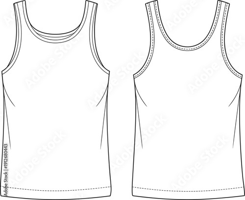 Men Sleeveless Scoop Neck Tank Top Vector Technical Drawing Illustration, Front and Back View Casual Basic Apparel Fashion Design Template,