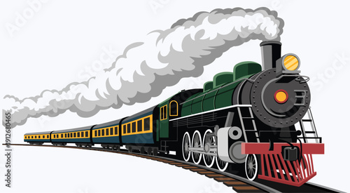 classic steam locomotive train with passenger cars, traveling on railway track, large plume of smoke from chimney, vintage transportation illustration, retro travel concept.
