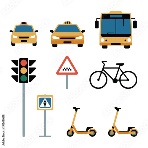Urban Transport: A curated collection of diverse urban transportation elements: taxis, a bus, traffic lights, a bicycle, scooters, and a pedestrian crossing sign.