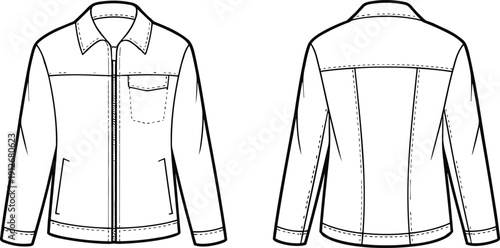 Men White Zip Up Jacket Front and Back View, Technical CAD Drawing Flat Vector Illustration for Fashion Design Apparel Mockup