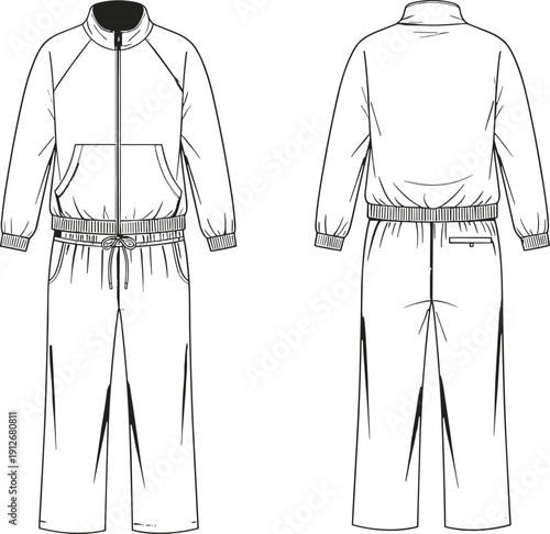 Mens Full Tracksuit Technical Sketch, Flat Vector Illustration of Zip Up Jacket and Joggers Set, Sportswear Apparel Design Template, Front Back View