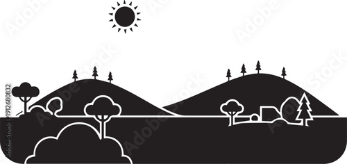 Minimalist nature landscape with hills trees and sun above vector silhouette illustration line art