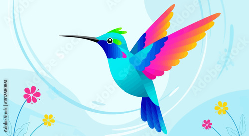 Vibrant hummingbird in flight surrounded by colorful flowers, viewed from a close-up perspective in a lively environment