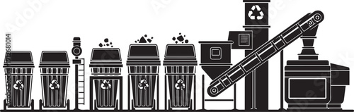 Waste recycling plant with multiple bins and conveyor belt vector silhouette illustration line art