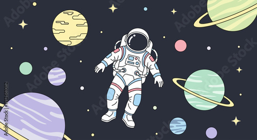 Astronaut floating in outer space surrounded by planets and stars from a distant viewpoint