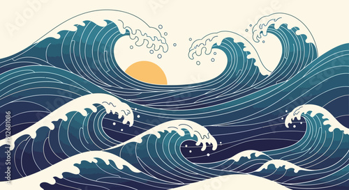 Majestic ocean waves crash against the shore at sunrise from a high vantage point