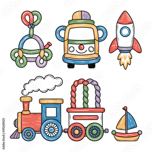 Whimsical Playthings: A vibrant assortment of delightful toy illustrations, each with its unique charm, perfect for sparking imagination and joy.