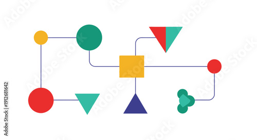 Abstract Geometric Network Diagram. Colorful Flowchart Visualization of Data Connection, Workflow, and System Organization.