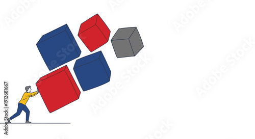 Man pushing heavy, unstable stack of colorful blocks. Business challenge, data management, and operational burden concept in vector illustration.