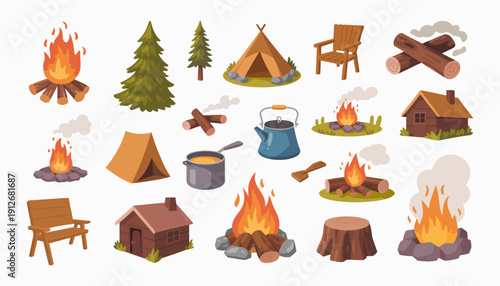 collection campfire illustrations set, isometric bonfire designs, glowing fire, outdoor camping scenes, marshmallow roasting, vector art, cozy night concept.