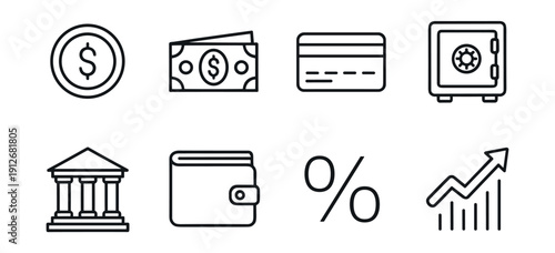 Financial black and white line icons set