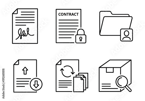 Document and file management line icons set