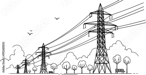 Minimalist black and white line art illustration of high voltage electric transmission towers and power lines in a park landscape