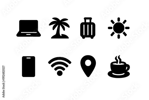 Digital Nomad Icons. Digital nomad on vacation. Filled icon set of Digital nomad on vacation: laptop, palm