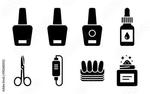 Nail care products and tools icons set