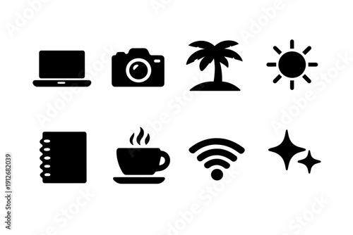 Beachside Icons Grid. Beachside content creation. Filled icon set of Beachside content creation: laptop,