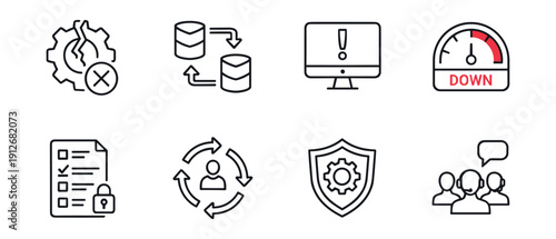 Technology and system management line icons set