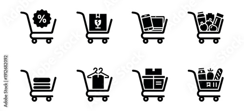 Shopping cart black and white icons set