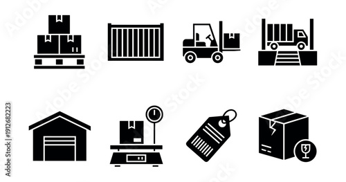 Logistics and shipping black and white icons set