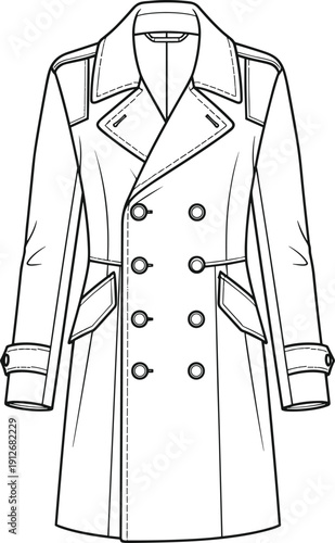Minimalist vector line art of a dog wearing a grey waterproof jacket vest with a striped collar and adjustable buckle