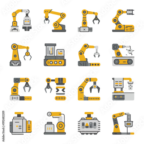 Robotic Arms Icons: A detailed illustration showcasing a variety of robotic arms, essential for automation in modern industry, highlighting technological advancements