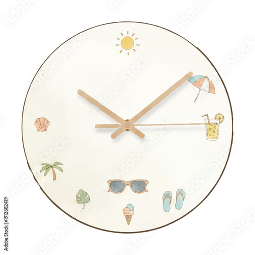 Wall Clock with Summer Icons, Home Decor Accent, Watercolor Vector Illustration Isolated on White
