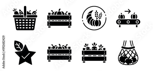 Farming and produce black and white icons set