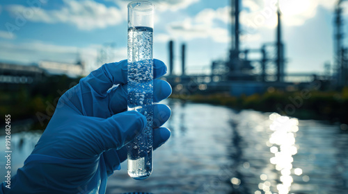 Tube of crystal clear water in hand of  latex-gloves laboratory assistant against backdrop of industrial landscape of wastewater treatment plants. Checking quality of water purification.