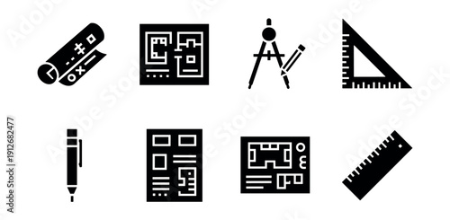 Architecture and drafting tools black and white icon set