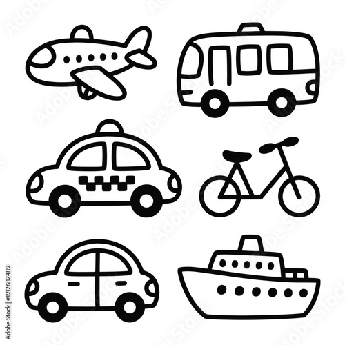 Transportation Icons: Collection of line art transportation icons. Including airplane, bus, taxi, bicycle, car and boat. Emphasizing simplicity and versatility for various design projects.