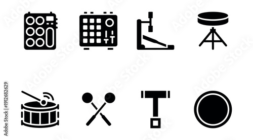 Music instruments bold solid icons set