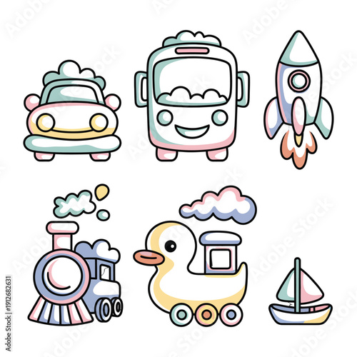Playful Transport Icons: A delightful assortment of cute transport illustrations, including car, bus, rocket, train, duck, and sailboat, each radiating a sense of fun and creativity. 