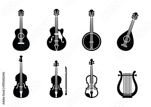 Musical string instruments silhouette set