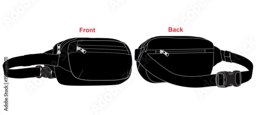 Black Waist Bag Front and Back View Technical Vector Mockup
