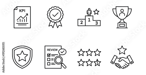 Performance and achievement line icons set