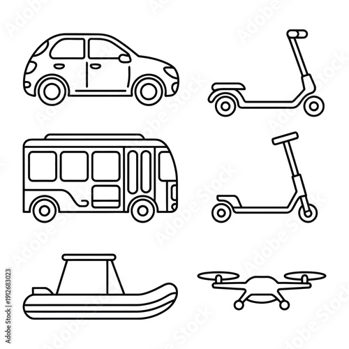 Urban Mobility: A collection of modern transport icons in a simple, linear style. Showcasing different ways people get around in the urban landscape