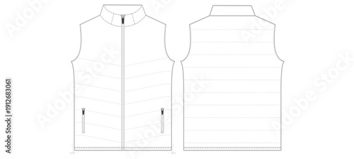 Sleeveless Puffer Vest Front and Back View Outline Vector Template