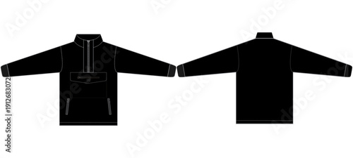 Black Half Zip Pullover Jacket Front and Back View Technical Vector Mockup