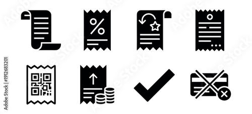 Receipts and Transactions Black and White Icons Set