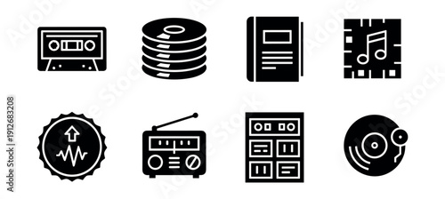 Audio media and technology bold silhouette icons set