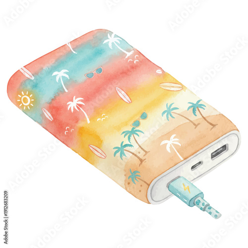 Power Bank with Tropical Summer Design, Portable Charger, Watercolor Vector Illustration Isolated on White
