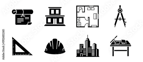 Architecture and construction monochrome icons set