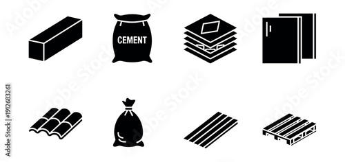 Building materials black and white icons set