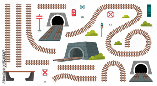comprehensive railway track kit, various sections, tunnels, crossing signs, moving gate, custom layouts, train set illustration, vector design, transport concept.