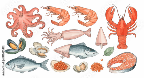 Watercolor Seafood Set: Octopus, Lobster, Salmon Steak, Prawns, and Shellfish Illustrations Isolated on White Background