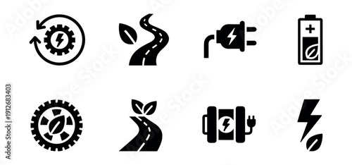 Eco-friendly energy and transportation black and white icons set